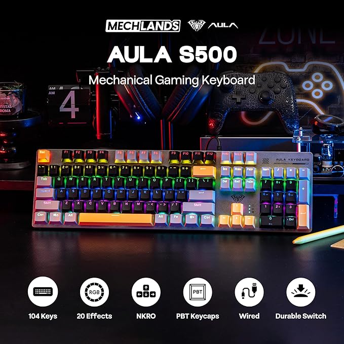 MechLands Aula S500 Wired Gaming Keyboard, 100% Full Size Mechanical Keyboard with Number Pad, 104 Keys, NKRO, RGB Backlits, Shine Through Keycaps, Ergonomic for PC E-Sports (Black&Grey, Blue Switch)