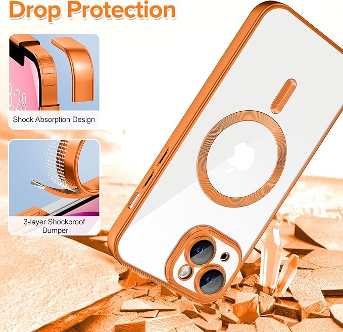 Hython Magnetic Clear for iPhone 13 Case with Camera Lens Protector [Compatible with MagSafe] Luxury Plating Edge Slim Soft TPU Cover Protective Phone Case for iPhone 13 6.1", Matte Orange