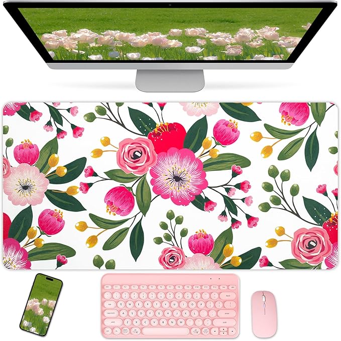 Bloss Pink Floral Desks Mat,Clearance Overstock Limited Stock Discontinued Size 31.5x15.7Inch Large Mouse Pad,Anti-Slip Computer Desk Pad,Keyboard and Mouse Pad,Pink Keyboard Protector Pad Mat