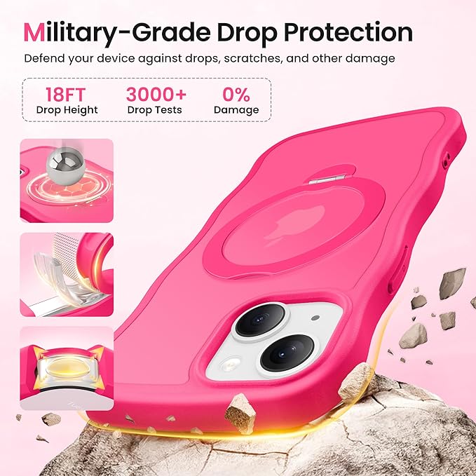 CAPRARO for iPhone 13 Case & iPhone 14 Case with 360° Spin Magnetic Stand for Women, [Compatible with MagSafe] [Camera Protection] Cute Wave Translucent Matte Case for iPhone 13/14, Hot Pink