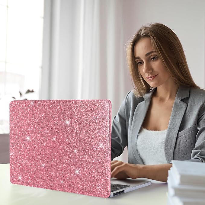 Funut Glitter Case for MacBook Air 13 Inch 2022 2021 2018 Release M1 A2337 A2179 A1932, MacBook Air 2020 Case, Women Girls Shiny Sparkle Bling PU Leather Hard Shell Cover & Keyboard Cover, Pink