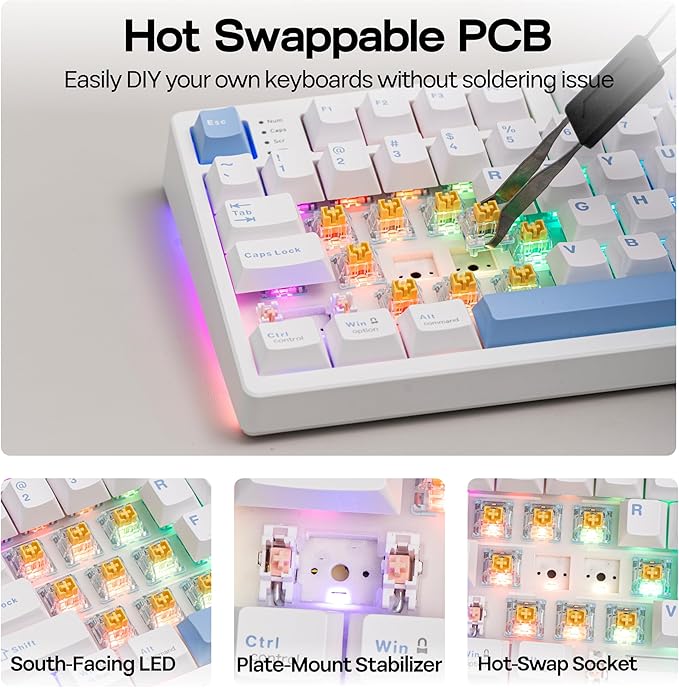 MechLands Vibe108 Full Size Mechanical Keyboard with Knob & Multimedia Buttons, Wireless Gaming Keyboard with 10000mAh Battery, RGB Backlits, 104 Keys Hot Swappable, Custom Driver (Vela Silent Switch)