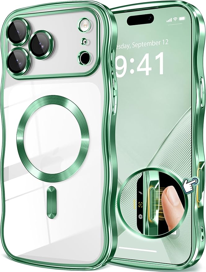 GVIEWIN for iPhone 17 Pro Max Case Compatible with MagSafe, Upgraded [Full Camera Protection][Cute Wave Frame][Military Grade Protection] Electroplated Hard Phone Cover for Women Girl, Clear/Green
