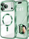 GVIEWIN for iPhone 17 Pro Case Compatible with MagSafe, Upgraded [Full Camera Protection][Cute Wave Frame][Military Grade Protection] Electroplated Hard Phone Cover for Women Girl, Clear/Green