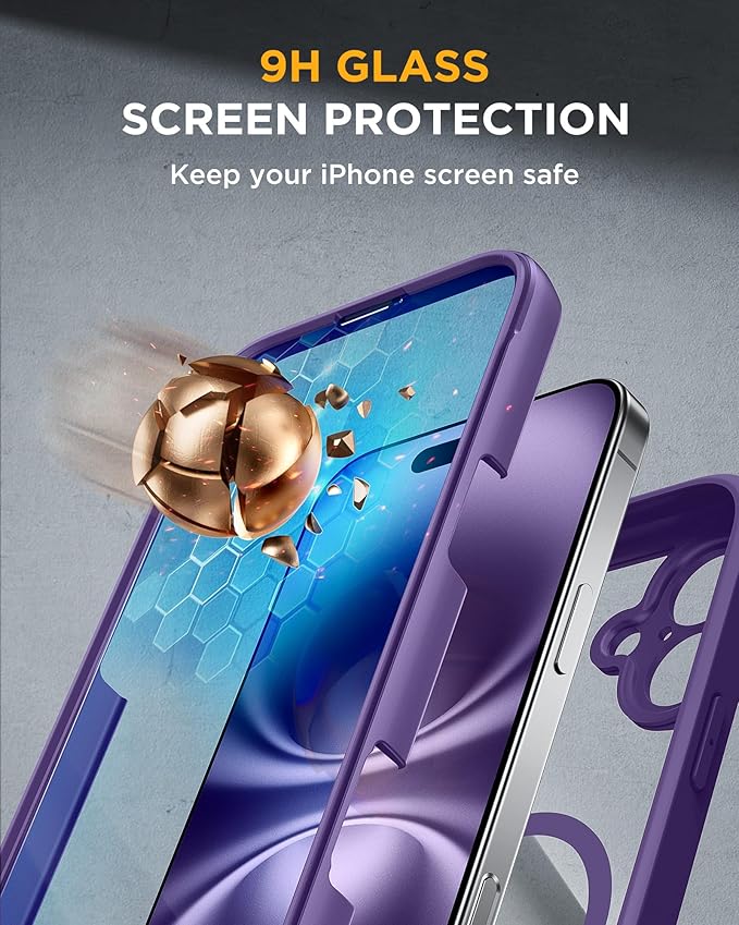 Miracase for iPhone 16 Case 6.1'', [Bubble Free] Full-Body Bumper Phone case with Built-in Full Glass Screen &Lens Protector,No Gap,Compatible with MagSafe,Drop Proof 16 Cover,Purple