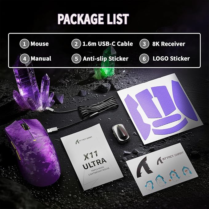 ATTACK SHARK X11Ultra 8K Carbon Fiber Wireless Gaming Mouse,Nordic 54L15 MCU,PAW3950MAX Sensor,59g Superlight,42000 DPI,BT/2.4Ghz/Wired Mouse with 100 Million Clicks,Programmable for Pc/Mac,Purple pro
