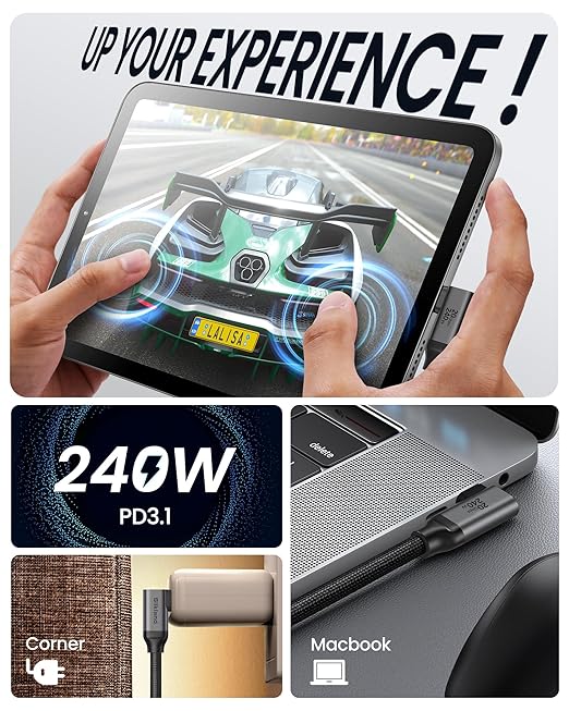 Silkland USB C Monitor Cable Right Angle 6.6FT, 8K@30Hz 5K/4K@60Hz Display, 20Gbps Data Transfer, 90 Degree USB C 3.2 Gen 2x2 Video Cable, 240W Charging for iPhone 17, MacBook,Portable Monitor,Carplay