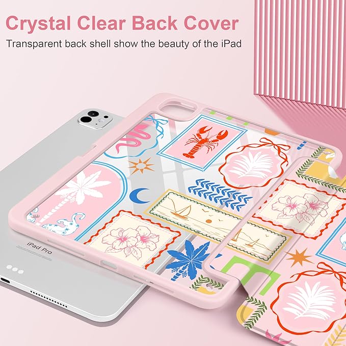 Case for iPad Pro 11 inch (M5) 2025 (M4) 2024 Release Slim Lightweight Cute Light Pink Cover with Clear Back TPU Edge Pencil Holder Trifold Stand, Creative Collage