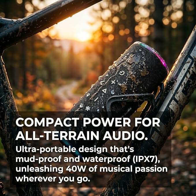 Bass Boosted Bluetooth Bike Speaker, IPX7 Waterproof Portable Wireless Outdoor Speaker, 25-Hour Playtime, LED Lights, TWS Pairing for Pool, Beach, Shower, Gifts (Black)