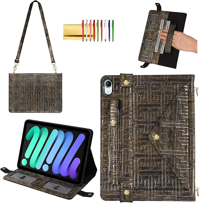 Handbag Case for iPad mini 7 2024/Mini 6 Case - Techcircle Vintage Pattern Crossbody PU Leather Folio Envelope Pocket Stand Cover with Hand Strap+Shoulder Strap+Pencil Holder+Card Slots, Retro Bronze