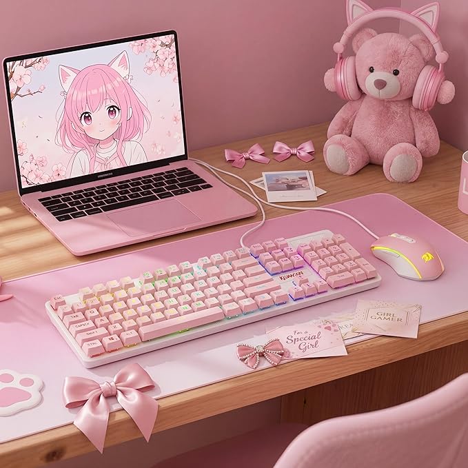 Redragon Updated S107WP Gaming Keyboard and Mouse, RGB Gaming Keyboard and 10000 DPI Mouse Combo with 25-Key Anti-Ghosting, 1K Hz Programmable Mice with Software, Plug & Play to PC, Laptop - Pink