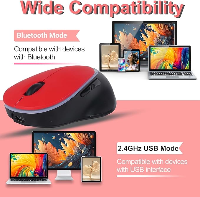 Wireless Bluetooth Mouse, Ergonomic Dual-Mode Rechargeable Silent Portable Mouse with RGB Gradient Breathing Light, for PC Laptop Tablet Computer, Office School Home Adult Student Kids Gift(Red)