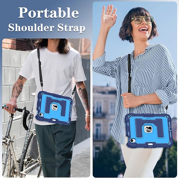 Kids Friendly Case for Apple iPad mini 7 A17 Pro 2024/iPad Mini 6 2021 8.3 Inch 7th/6th Gen Case with Pencil Holder & Shoulder Strap, Shockproof Kickstand Hard Shell Protective Cover,Blue
