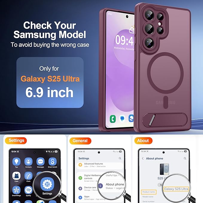 Magnetic for Samsung Galaxy S25 Ultra Case, [Compatible with MagSafe][Full Camera Protection][Built-in Invisible Kickstand] Translucent Matte Phone Case for S25 Ultra 6.9" - Wine Red