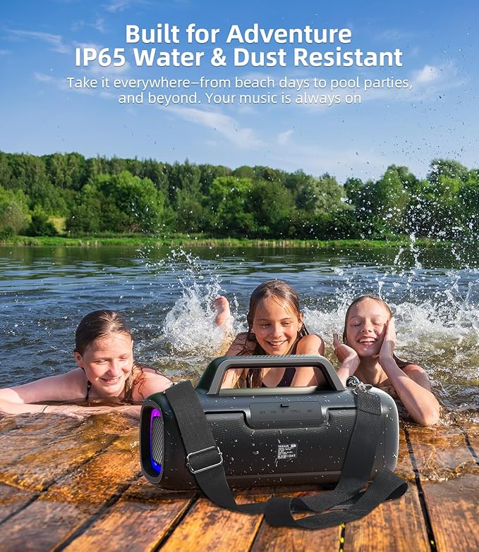 Portable Bluetooth Speaker 140W, Loud Wireless Speaker with 2 Subwoofers & Bass Boost, IP65 Waterproof Outdoor, 12000mAh Battery 24H Playtime, RGB Lights, TF/AUX/Mic Input for Home, Party, Outdoor