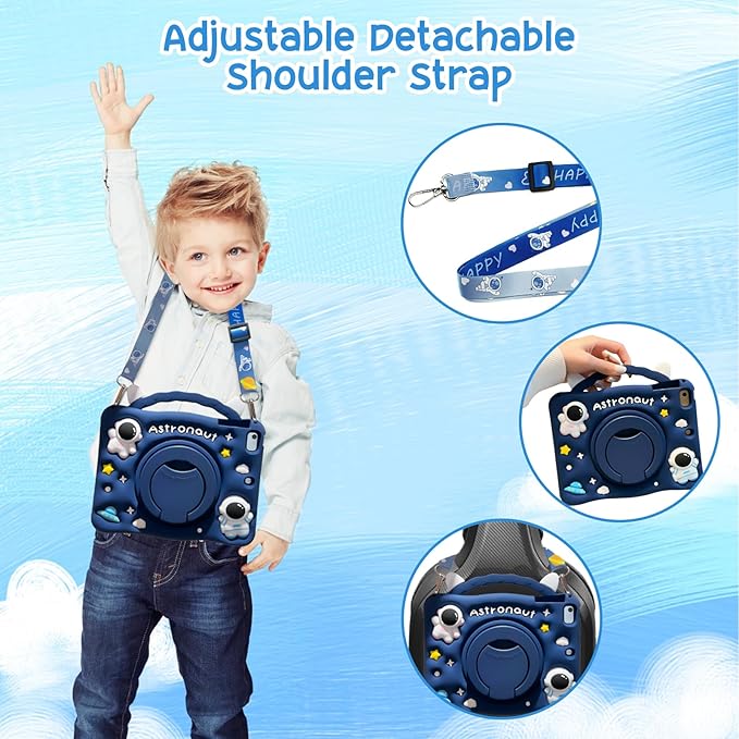 Cute Case for Apple iPad 9th 8th 7th Generation 10.2 Inch 2021/2020/2019 Model, EVA Kickstand Heavy Duty Shockproof Kids Friendly Bumper Case with Shoulder Strap Cover for iPad 10.2", Blue Spaceman