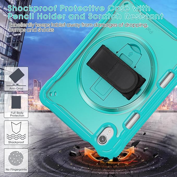 BRAECNstock Case for iPad mini 7 (A17 pro) 2024 & Mini 6 2021 8.3-inch,Shockproof Protective Cover with Pencil Holder,Screen Protector,360° Rotating Hand Strap/Stand-Light Blue