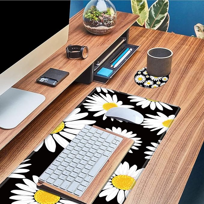Desk Pad Mat Large Mouse Pad XL Extended Mousepad Gaming with Cute Daisy 31.5" *11.8" Huge Mouse Pads for Computer Laptop Home Office + Cup Coaster