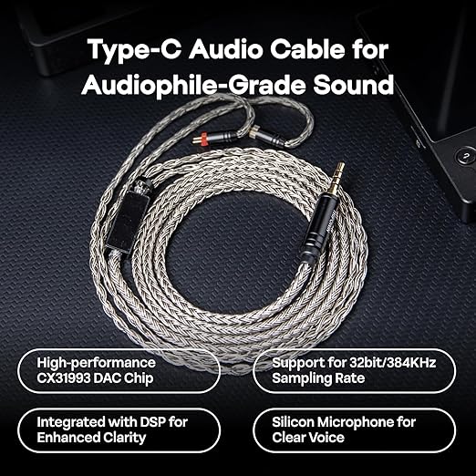 Linsoul Tripowin Zonie HiFi in-Ear Monitor Upgrade Cable, with Omni Mic, 16-Core Silver-Plated SPC Earphone Cable, Type-C/3.5mm Options, 1.25m SPC Tangle-Free Wire for Audiophiles(Typec,2PIN)