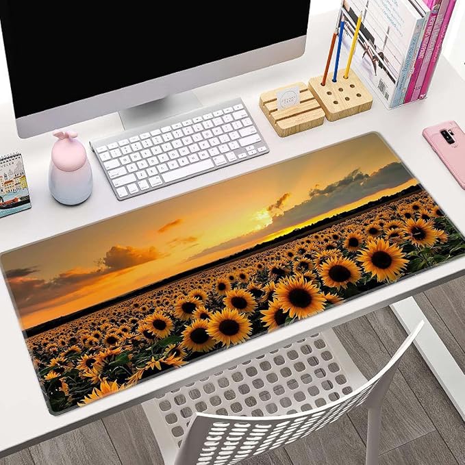 Sunflower Field Extended Big Mouse Pad Large,XL Gaming Mouse Pad Desk Pad,31.5x11.8inch Long Computer Keyboard Mouse Mat Mousepad with 3mm Non-Slip Base and Stitched Edge for Home Office Work
