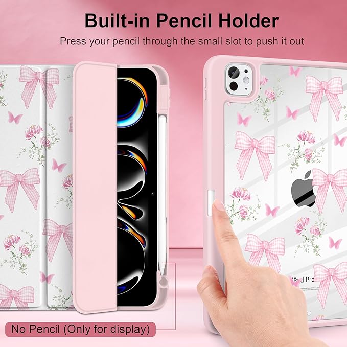 TWOLSKOO Case for iPad Pro 11-inch (M5 2025 / M4 2024), Clear Acrylic Back with TPU Bumper, Pencil Holder, Trifold Stand, Auto Sleep/Wake, Pink Gingham Bows