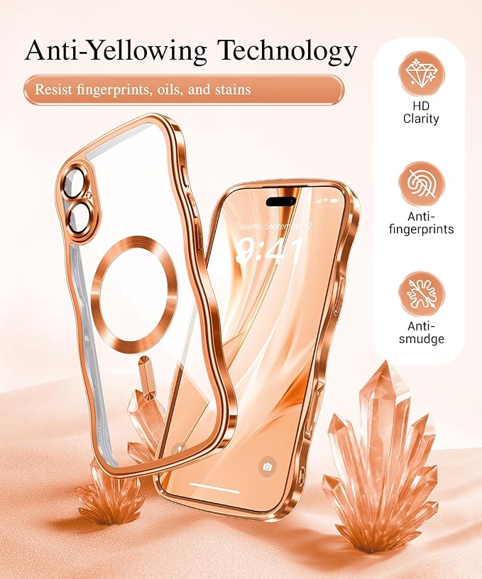 GVIEWIN for iPhone 17 Case Compatible with MagSafe, Upgraded [Full Camera Protection][Cute Wave Frame][Military Grade Protection] Electroplated Hard Phone Cover for Women Girl, Clear/Orange