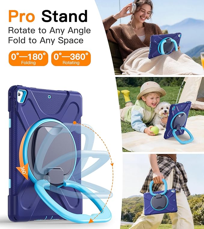 BATYUE Case for iPad 9.7 inch, 2018 iPad 6th Gen, 2017 iPad 5th Gen, iPad Air 2/ iPad Pro 9.7'',Shockproof Protective Cover with Pencil Holder &Rotating Bracket &Shoulder Strap (Navy Blue+Blue)
