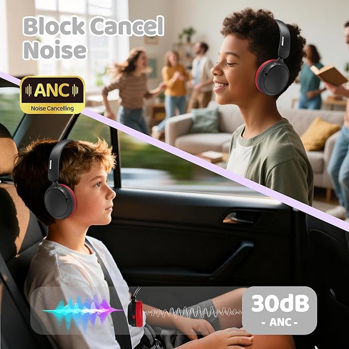 MIDOLA Kids Bluetooth Headphones Active Noise Cancelling,Volume Limited 85/94dB,Over Ear Foldable with Mic Aux Cord,Lightweight Wireless Headphone for Kid Toddler Child Pad Tablet Black