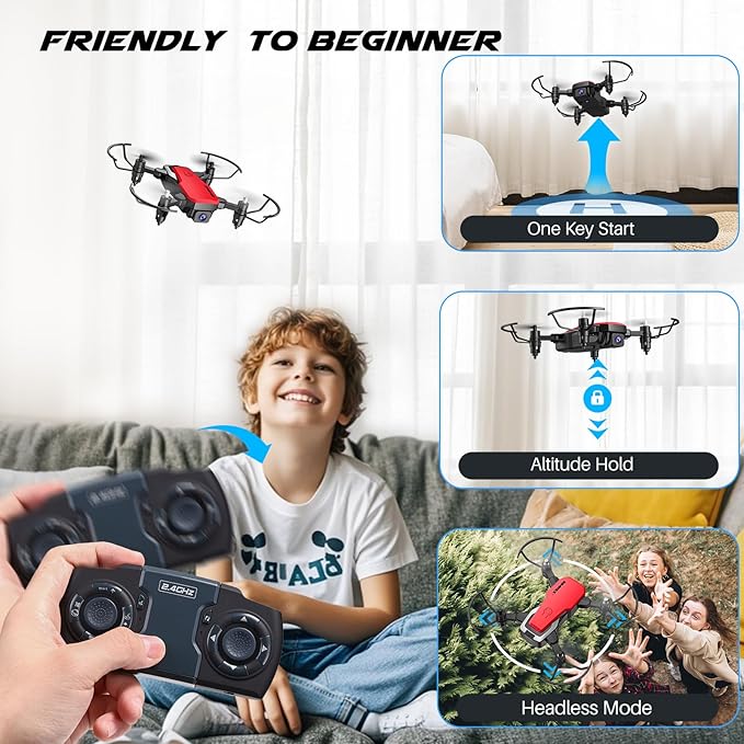 SIMREX Mini Drone with 720P Camera for Kids & Beginners - Foldable RC Quadcopter, Optical Flow Positioning, Altitude Hold, 3D Flip, 2 Batteries 20Min Flight, Safe & Easy Indoor Outdoor Flying Toy Gift, Red