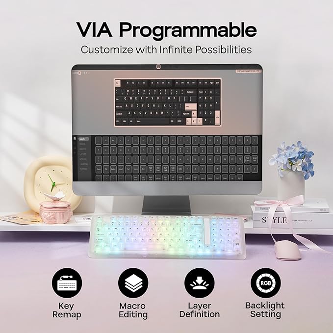 KiiBoom Phantom98 Lite 96% Wireless Mechanical Gaming Keyboard, VIA Programmable, Creamy Keyboard with Gasket, 8000mAh Battery, Hot Swap, RGB Backlits, NKRO for Win/Mac (Clear, Mossy Silent Switch)