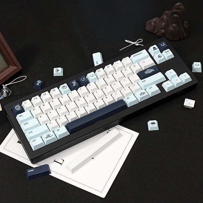 Custom Blue PBT Keycaps 134Keys - Cherry Profile Dye-Sublimation Japanese Style Keycaps Minimalist Cute Keycap Set Cherry MX Switches Mechanical Gaming Keyboard 60% 75% 100%