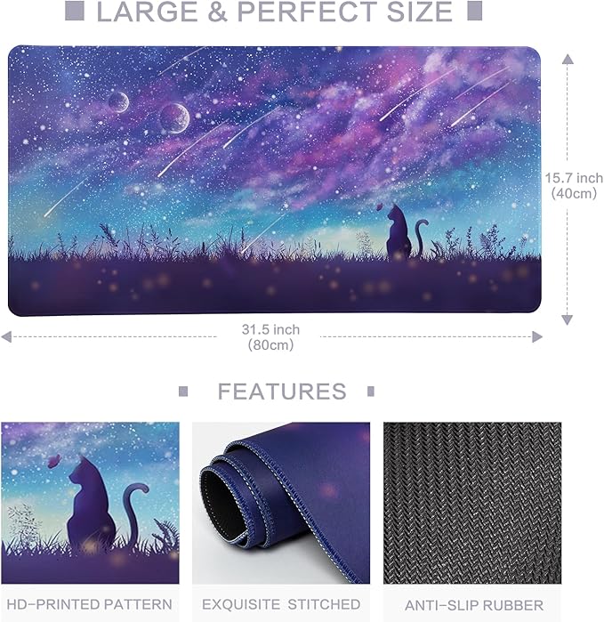 Lokigo Gaming Mouse Pad, Large Mouse Pad for Desk, Desk Mat Extended Mousepad, Cute Purple DeskPad with Non-Slip Rubber Base, Computer Mats for Desktop Home Office (31.5"x15.7", Cat)