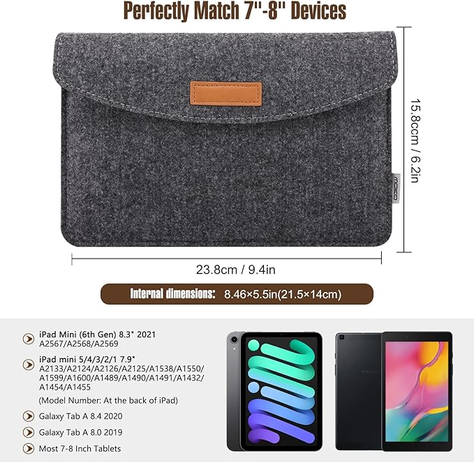 MoKo 7-8 Inch Sleeve Bag, Portable Carrying Protective Felt Tablet Case Cover Fits with iPad Mini (A17 Pro) 8.3" 2024, iPad Mini 6/5/4/3/2/1, Galaxy Tab S2 8.0, Tab A 8.0, ZenPad Z8s 7.9,Dark Gray
