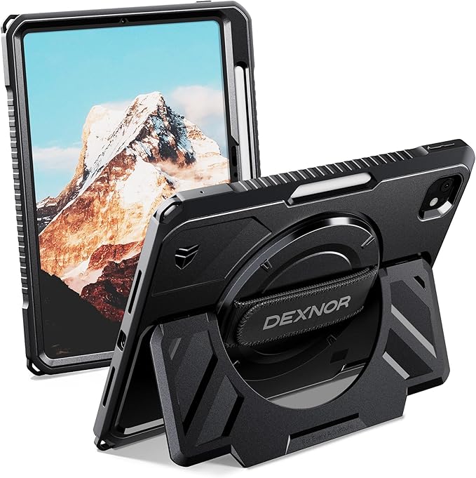 Dexnor for iPad Pro 11 inch Case M5 2025/M4 2024, Rugged Protective Case with 360° Rotating Hand Strap & Large Steady Stand & Screen Protector & Pencil Holder Shockproof Full-Body Bumper Cover, Black