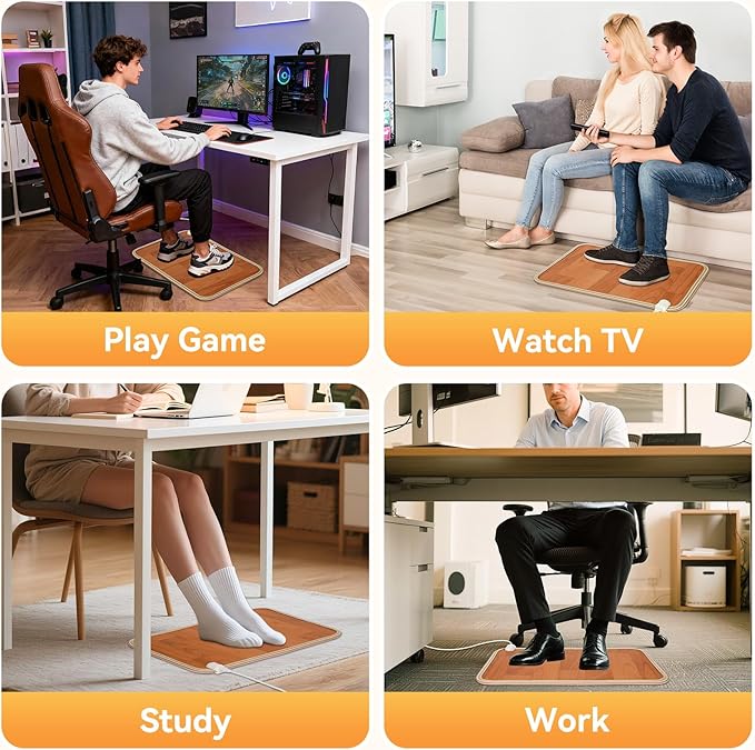 Heated Floor Mat, Foot Warmer Under Desk with 12 Adjustable Temperature & 12H Timer, 20"x12" Electric Heating Pad for Office Home, Safe with Shoes On, Brown Wood Grain, Feet Rest for Desk