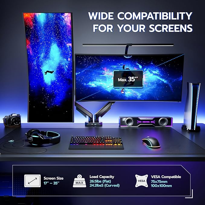 ARES WING Heavy Duty Dual Monitor Arm, Fully Adjustable Monitor Mount for 17-35 Inch Flat Curved Ultrawide Screens Up to 26.5lbs with USB A/C, C-Clamp & Grommet Base, 75/100 Vesa Mount, Black