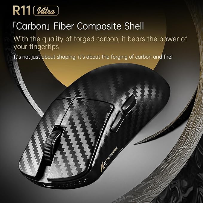 ATTACK SHARK R11Ultra 8K Carbon Fiber Wireless Gaming Mouse with 42000DPI-PAW3950 MAX Sensor-49g Lightweight,Nordic 52840 MCU Chip,Wired/BT/2.4Ghz Programmable,RGB Coiled Cable for PC(Black Wave+Tape)