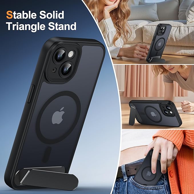 Magnetic Compatible with iPhone 15 Case, [Built-in Invisible Kickstand][Compatible with MagSafe][Full Camera Protection] Translucent Matte Phone Case for iPhone 15 6.1" Black
