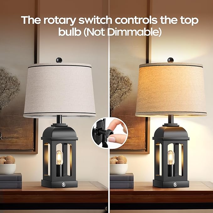 QiMH Table Lamp for Living Room, Farmhouse Lamps Set of 2 with USB A+C and Nightlight, 26" Rustic Bedside Lamps with 3-Way Dimmable Touch Control, Nightstand Lamp for Bedroom Decor, Black