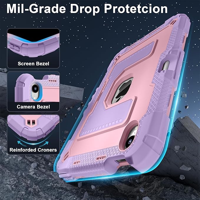 Kids Friendly Case for Apple iPad mini 7 A17 Pro 2024/iPad Mini 6 2021 8.3 Inch 7th/6th Gen Case with Pencil Holder & Shoulder Strap, Shockproof Kickstand Hard Shell Protective Cover,Pink+Purple