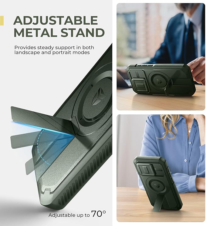 Dexnor for iPhone 15 Pro Case with Slide Camera Cover & Adjustable Kickstand & Built-in Screen Protector, Magnetic Rugged Shockproof Bumper Cases Heavy-Duty Magnetic Protective Cover,Army Green