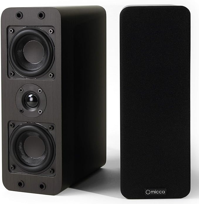Micca OoO Passive Slim Bookshelf Speakers with 3-Inch Woofers and Silk Tweeter, Thin Design Under 4" Wide, for Desktop Stereo or Home Theater Surround Sound, Wall Mountable, Pair, Dark Walnut