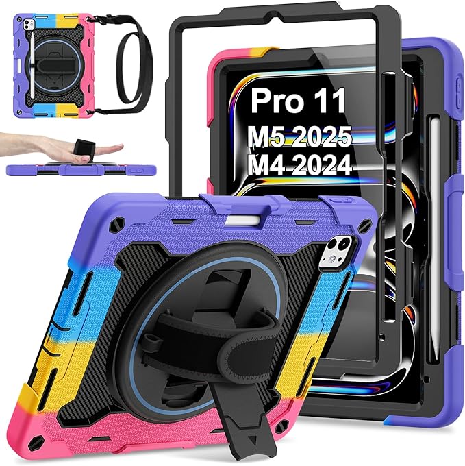 iPad Pro 11 Inch Case M5 2025/M4 2024, Heavy Duty Shockproof Protective Case with Screen Protector, 360° Rotating Stand Hand Strap Shoulder Strap Kids Cover Apple Pencil Holder