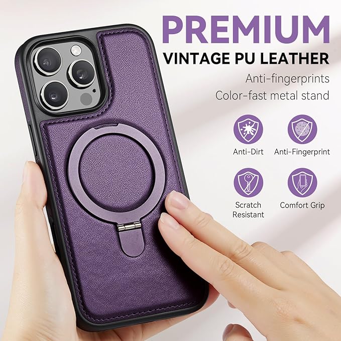 Compatible with iPhone 15 Pro Case with Stand, Compatible with MagSafe, Slim PU Leather & Durable TPU Protective Cover Drop-Proof with Tempered Glass Screen Protector 6.1", Purple