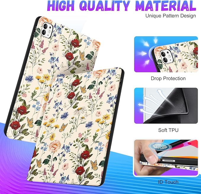 Uppuppy for iPad Pro 13 Inch Case 2024 - Women Cute Girls Folio Smart Cover with Pencil Holder Girly Flower Floral Pretty Aesthetic for iPad Pro M4 13 Inch Cases A2925 A2926 A3007