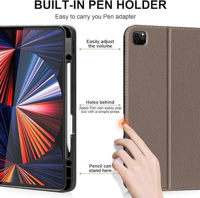 for iPad Pro 12.9 Case (2018-2022) Leather Folio Stand with Pencil Slot, Auto Wake/Sleep, Multi-Angle - Gray Brown