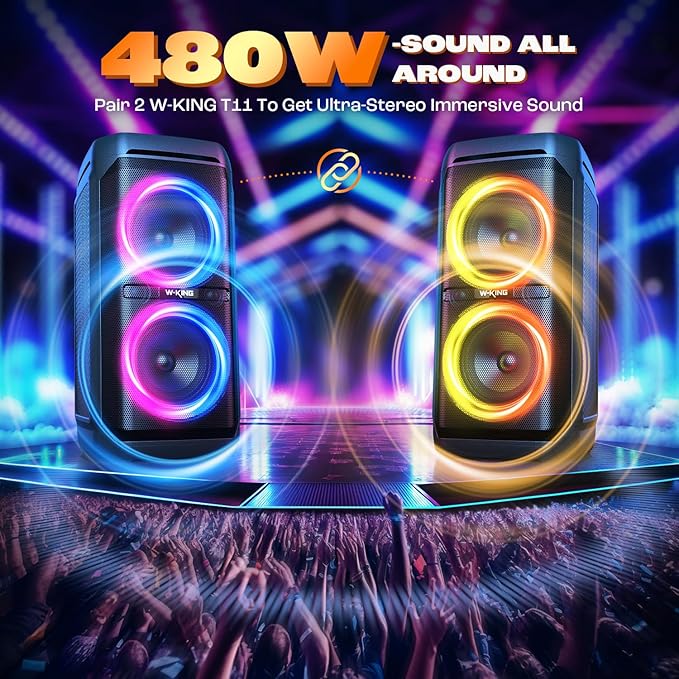 W-KING Portable Bluetooth Speaker 240W, Loud Boom Box with Deep Bass Subwoofers, IPX6 Waterproof Party Outdoor Speaker, Speakers Bluetooth Wireless, RGB Lights, 24H, Mic&Guitar Input, Echo, EQ, AUX