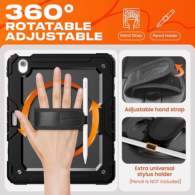 SEYMAC stock Case for iPad Air 13-inch M4-M2 2026-2024 (Gen 8-6), Shockproof Heavy Duty Case with Screen Protector, Pencil Holder, Rotating Stand, Hand Strap, Shoulder Strap, Black