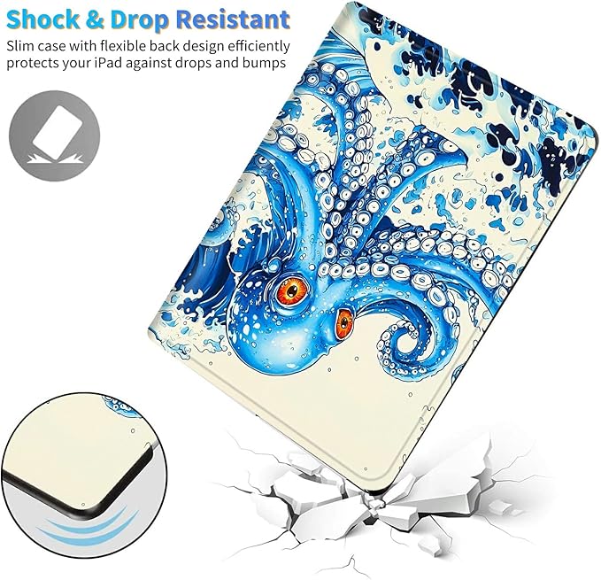 for Amazon Kindle Fire 7 (12th Generation, 2022 Release) 7" Tablet Case, Slim Kickstand Stand Leather Smart Cover with Auto Wake/Sleep, Blue Octopus