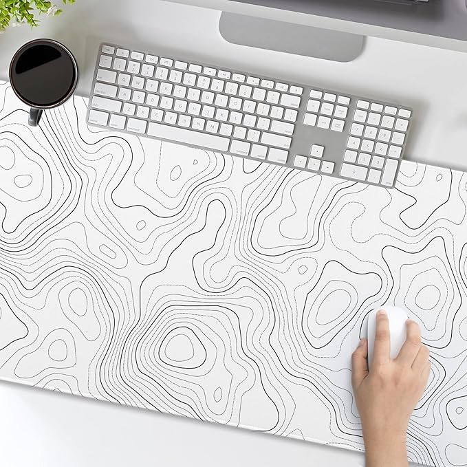 Topographic Map Large Mouse Pad XXL White Lines Contour Geographic Extended Desk Mat Big 90X40 CM Non-Slip Rubber Base Stitched Edge Long Mousepad,35.4 x 15.7 Inch